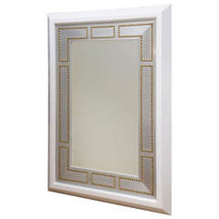 White Lacquered Wood, Studded Brass and Stainless Steel Mirror