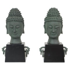 Stately  and Classical Pair of Cast Metal Verdegris Buddhas