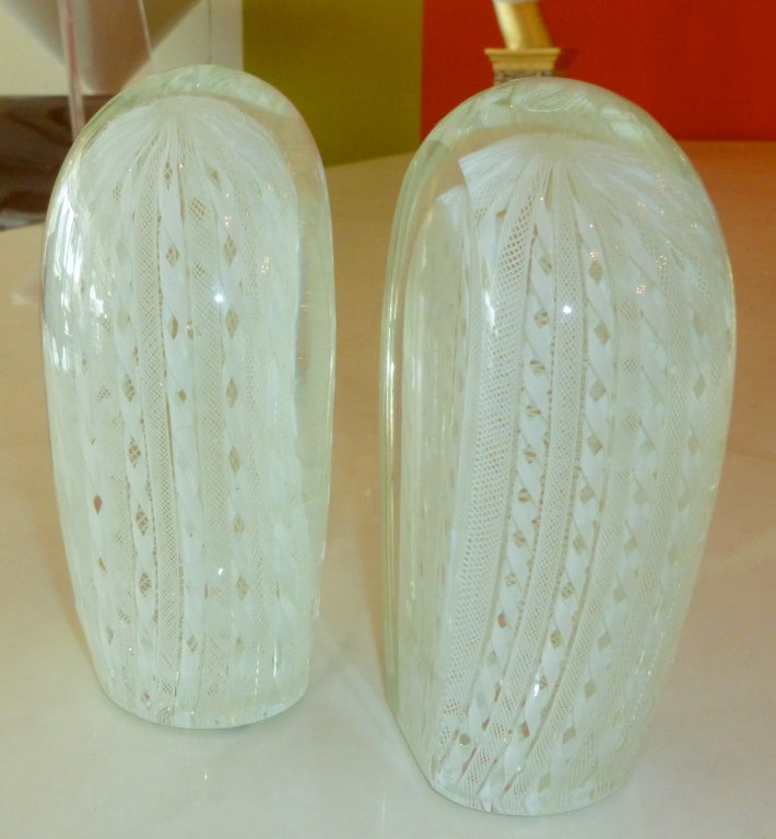 Pair of Great Venini Italian Murano Latticino Book Ends/SAT.SALE