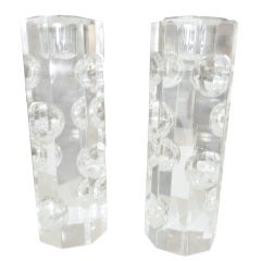 Pair of Incised Circle Sculptural Lucite Candlesticks