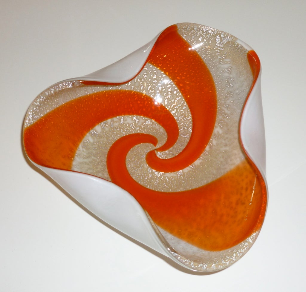 Italian Murano Glass Orange and Silver Foil Folded Bowl/SALE