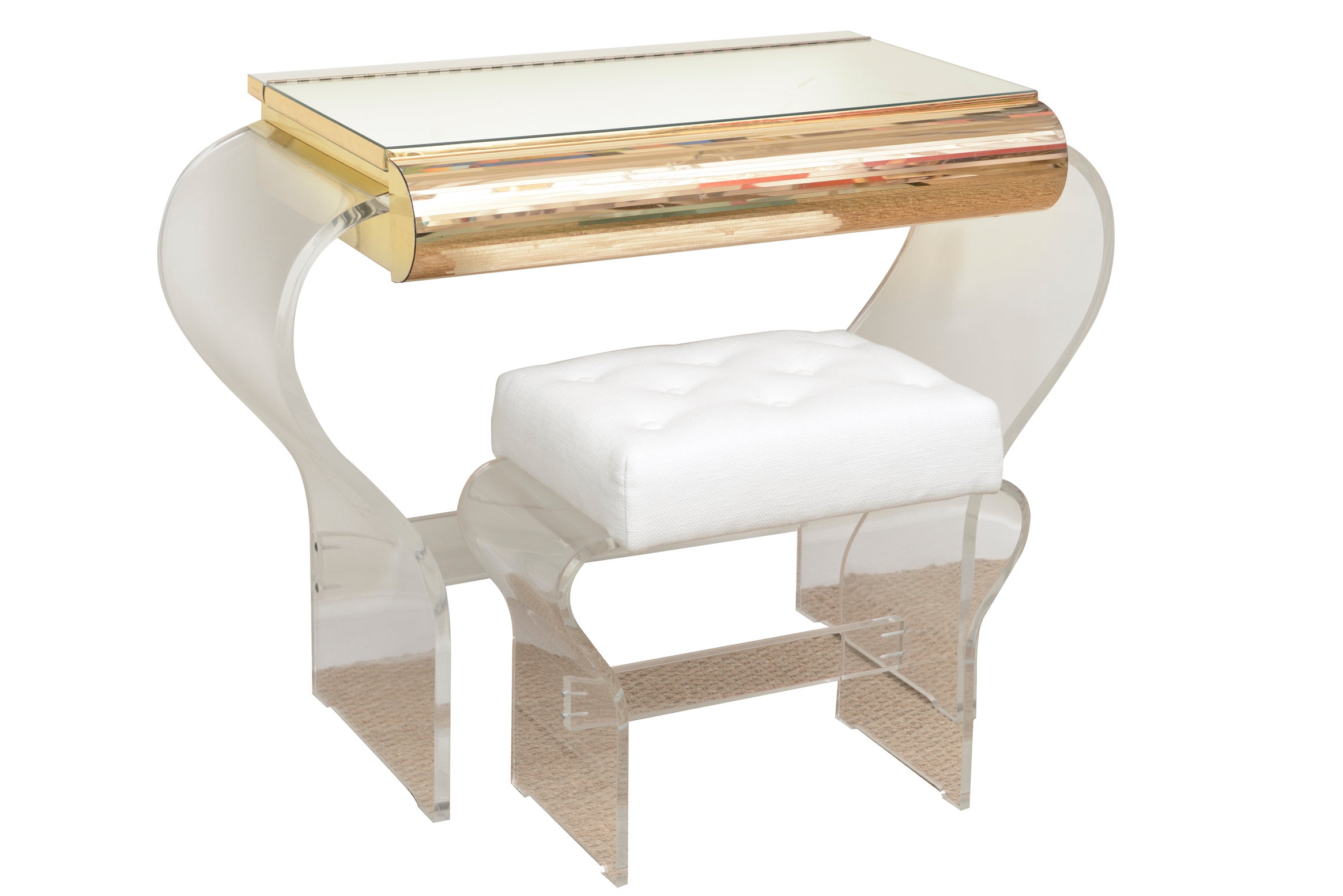 Lucite and Mirrored Vanity with Upholstered Bench