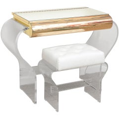 Retro Lucite and Mirrored Vanity with Upholstered Bench