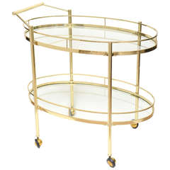 Vintage Mid Century Modern Two-Tiered Brass & Glass Oval Bar/ Serving Cart/ Trolley