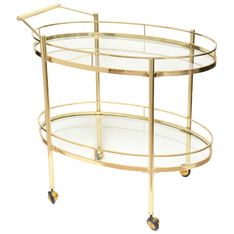 Mid Century Modern Two-Tiered Brass & Glass Oval Bar/ Serving Cart/ Trolley