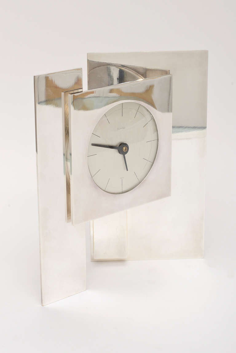 Spectacular Sculptural Silver-Plate Vintage Dunhill Clock