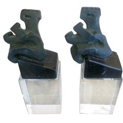 Pair of Handsome Signed Bronze Sculpture on Marble Bases