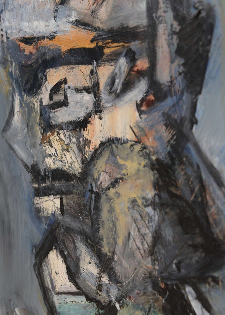 Muted palette of blues, blacks, greys, whites dashed with green, mustard and orange make this wonderful vintage abstract torso painting interesting from all angles. It looks like a totem torso body filled with abstractions and angles. It is signed