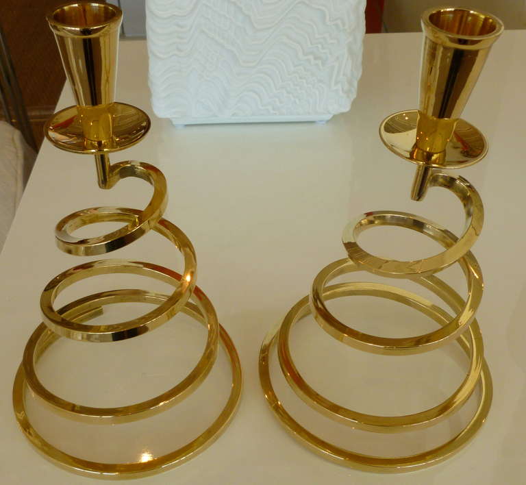 Beautiful Pair of Spiral Polished Brass Candlesticks / SATURDAY SALE 1