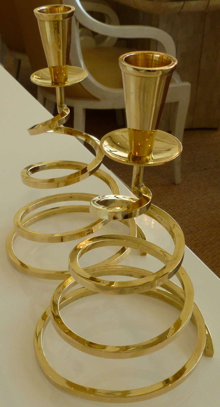Mid-20th Century Beautiful Pair of Spiral Polished Brass Candlesticks / SATURDAY SALE