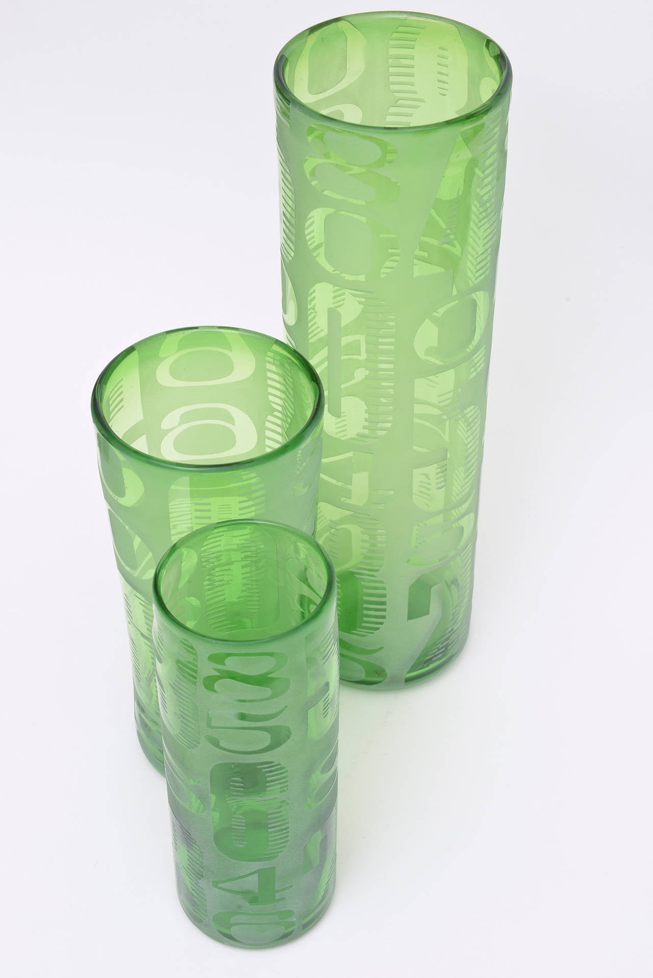 Frosted and Etched Numbered Glass Vases Set of 3 For Sale 2