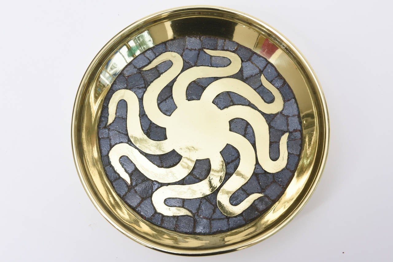 Signed Salvador Teran Polished Brass and Mosaic Glass Bowl or Tray In Excellent Condition In North Miami, FL