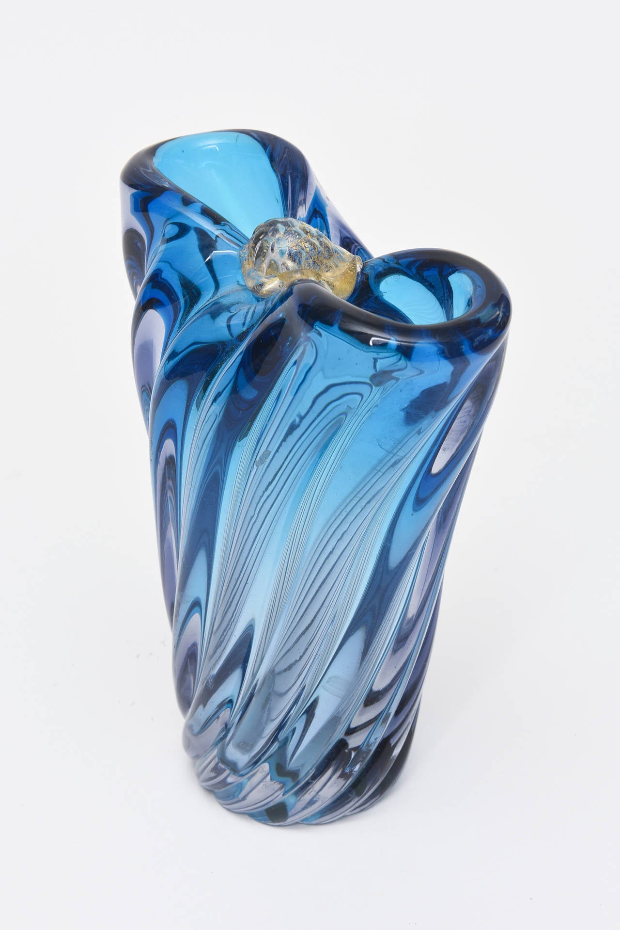 Mid-Century Modern Sapphire Blue Italian Murano Swirled Glass Vase, Signed Seguso