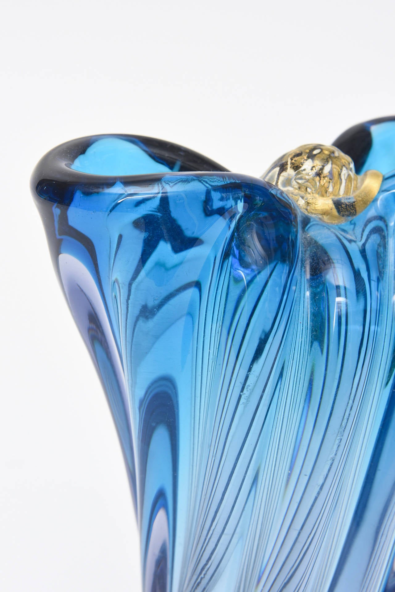 Mid-20th Century Sapphire Blue Italian Murano Swirled Glass Vase, Signed Seguso