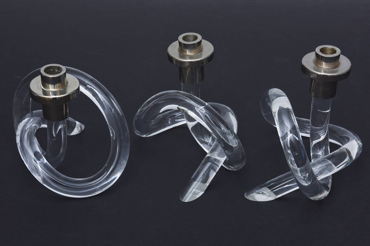 Late 20th Century Trio of Twisted Sculptural Dorothy Thorpe Lucite and Chrome Candlesticks