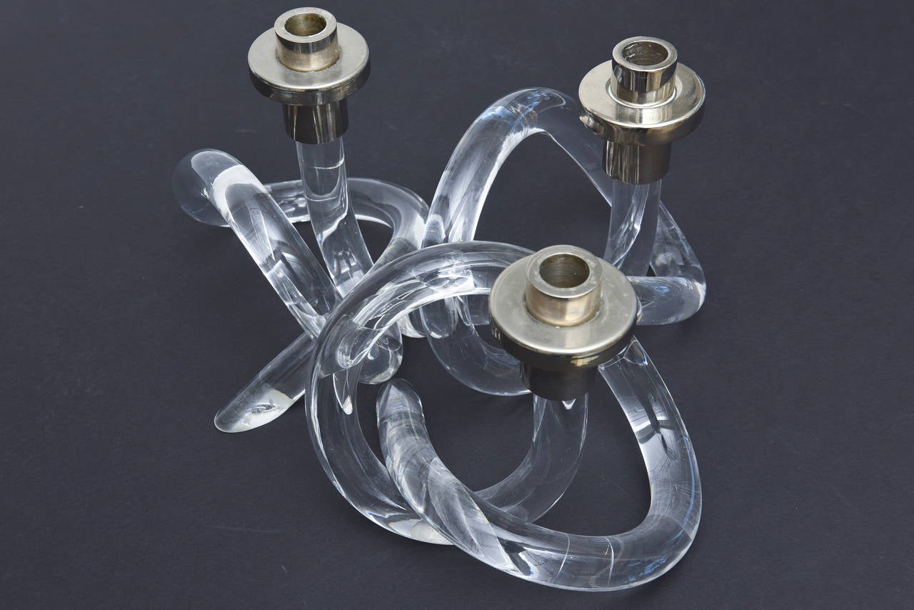 Trio of Twisted Sculptural Dorothy Thorpe Lucite and Chrome Candlesticks 4