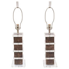 Pair of Stacked Lucite and Real Snakeskin Leather Lamps