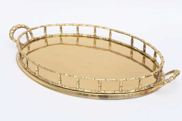 Polished Brass Faux Bamboo Oval Serving or Bar Tray