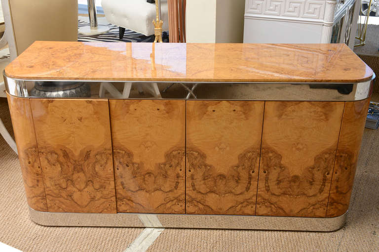 Exquisite Burled Wood and Stainless Steel Pace Cabinet, Credenza or Buffet