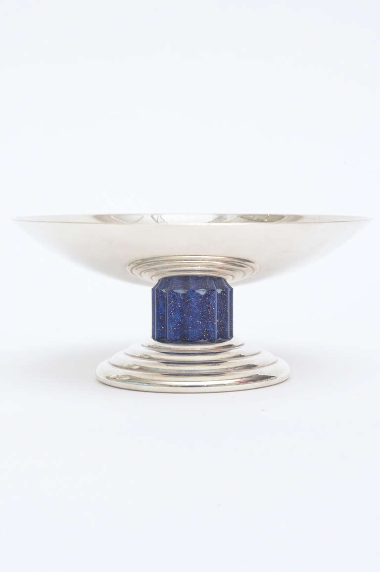 Art Deco Signed French Jean Puiforcat Silver- Plate and Lapis Tazza Small Bowl