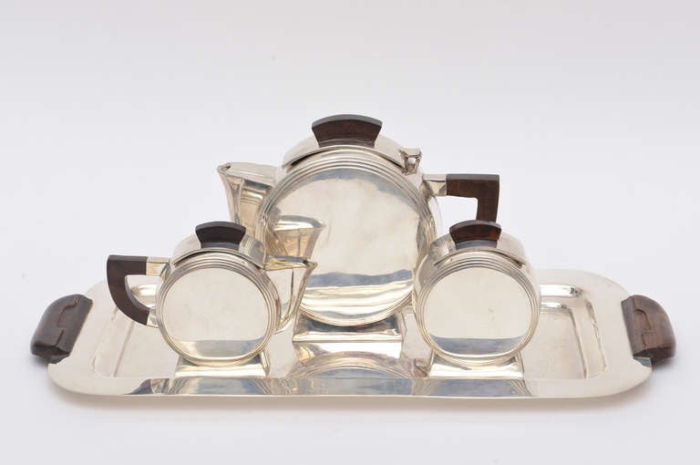French Art Deco Silverplate and Rosewood Coffee or Tea Service with Tray