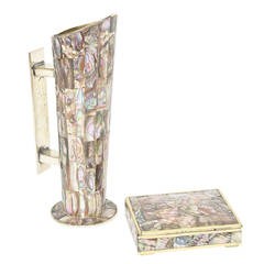 Set of Abalone, Brass Rosewood and White Bronze Pitcher/Box
