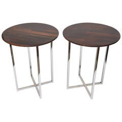 Pair of Milo Baughman Polished Chrome and Exotic Wood Side Tables/ SALE 12