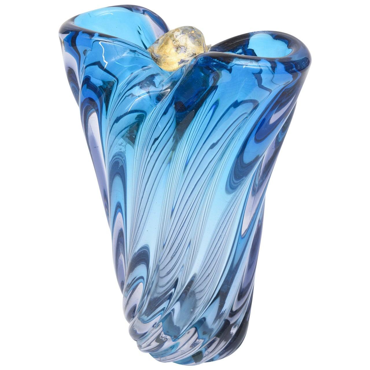 Sapphire Blue Italian Murano Swirled Glass Vase, Signed Seguso