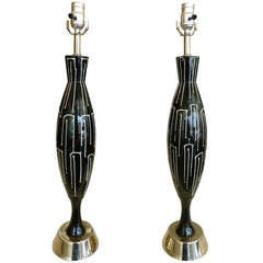 Pair of Great  Black & White Drip Glaze Abstract Ceramic Lamps/SAT.SALE