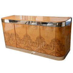 Exquisite Burled Wood and Stainless Steel Pace Cabinet, Credenza or Buffet