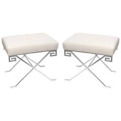 Pair of Silver Leaf over Steel X Greek Key Benches/Style of Jean Michel Frank