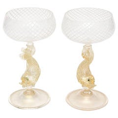 Pair of Italian Venetian Murano Glass Salviati Champagne Goblets