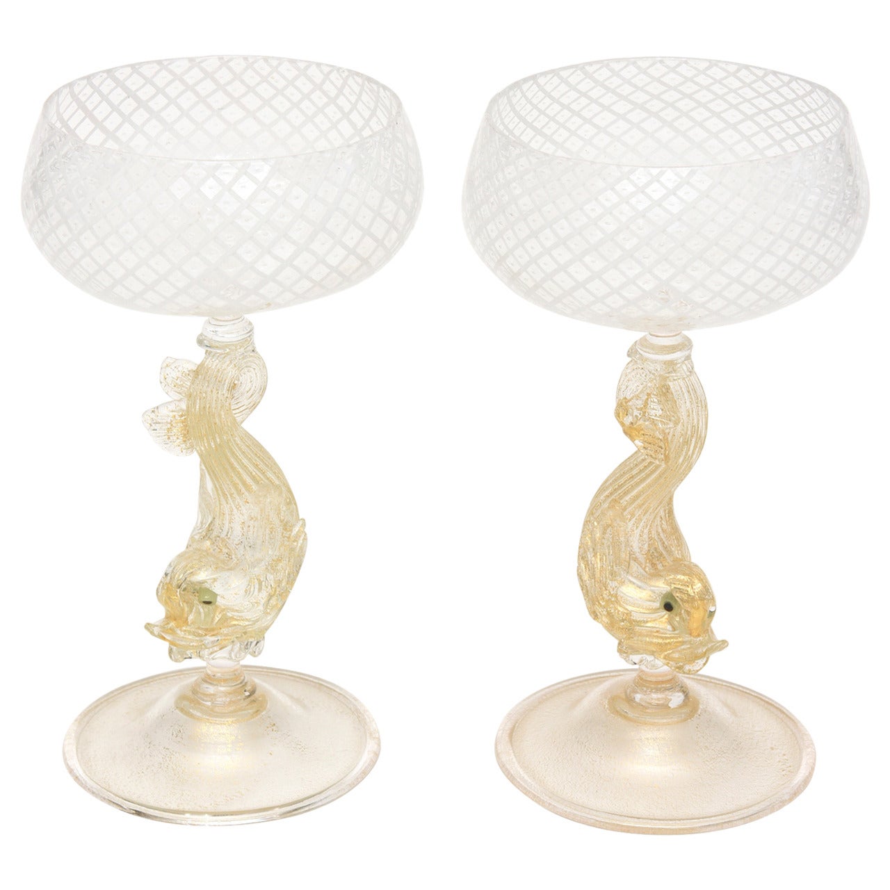 Pair of Italian Venetian Murano Glass Salviati Champagne Goblets
