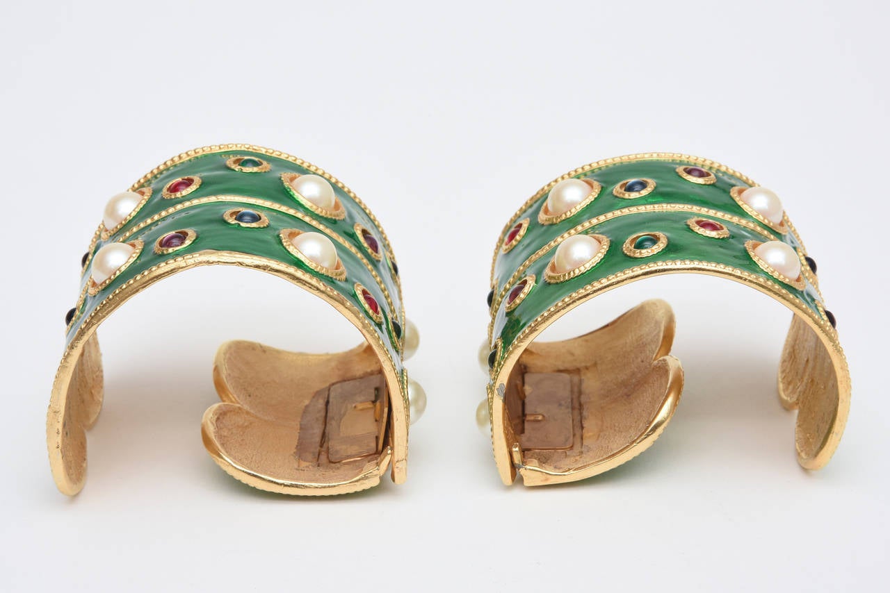 Egyptian Revival  Emerald Green Enamel, Faux Pearls & Multi Colored Stones Cuff Bracelets Pair Of