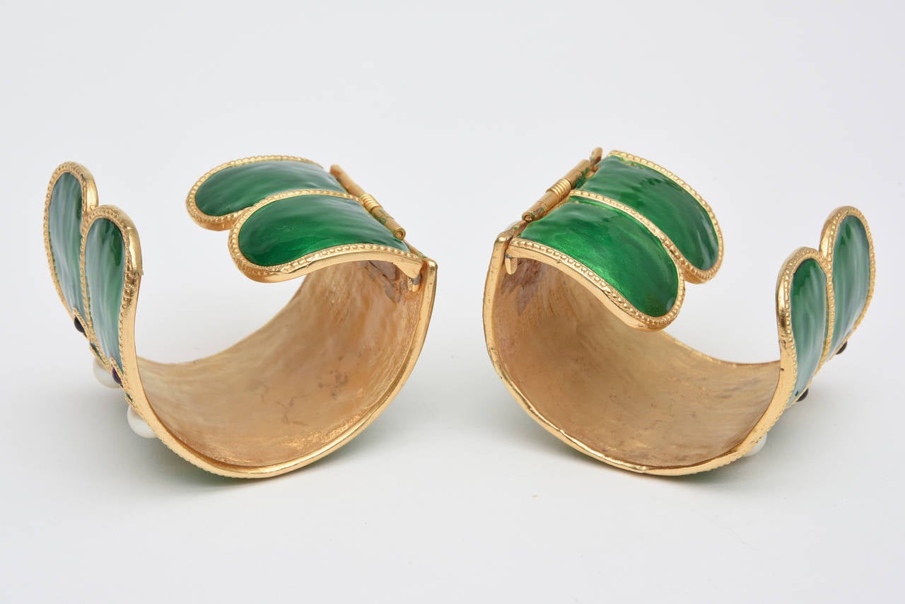 Women's  Emerald Green Enamel, Faux Pearls & Multi Colored Stones Cuff Bracelets Pair Of