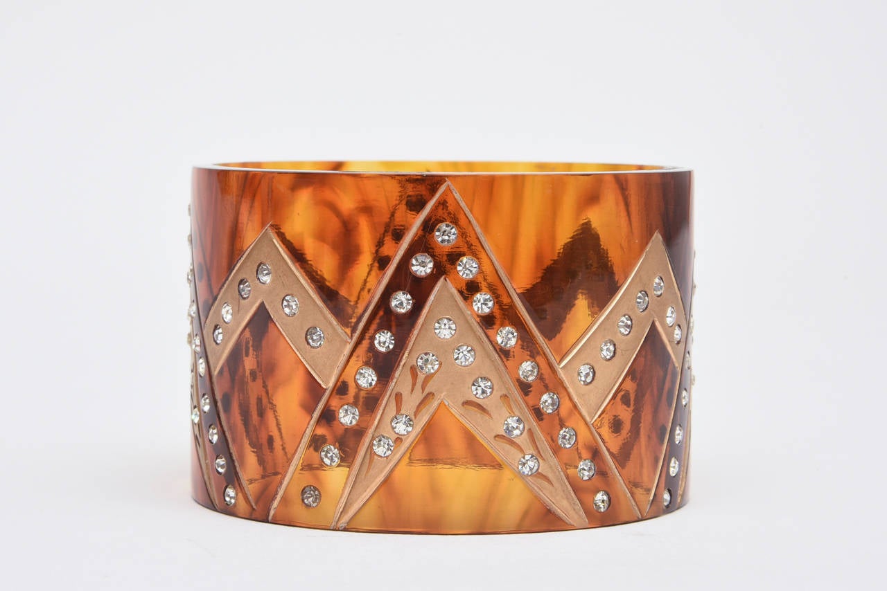 Art Deco French Tortoise Resin and Rhinestone Cuff Bracelet For Sale
