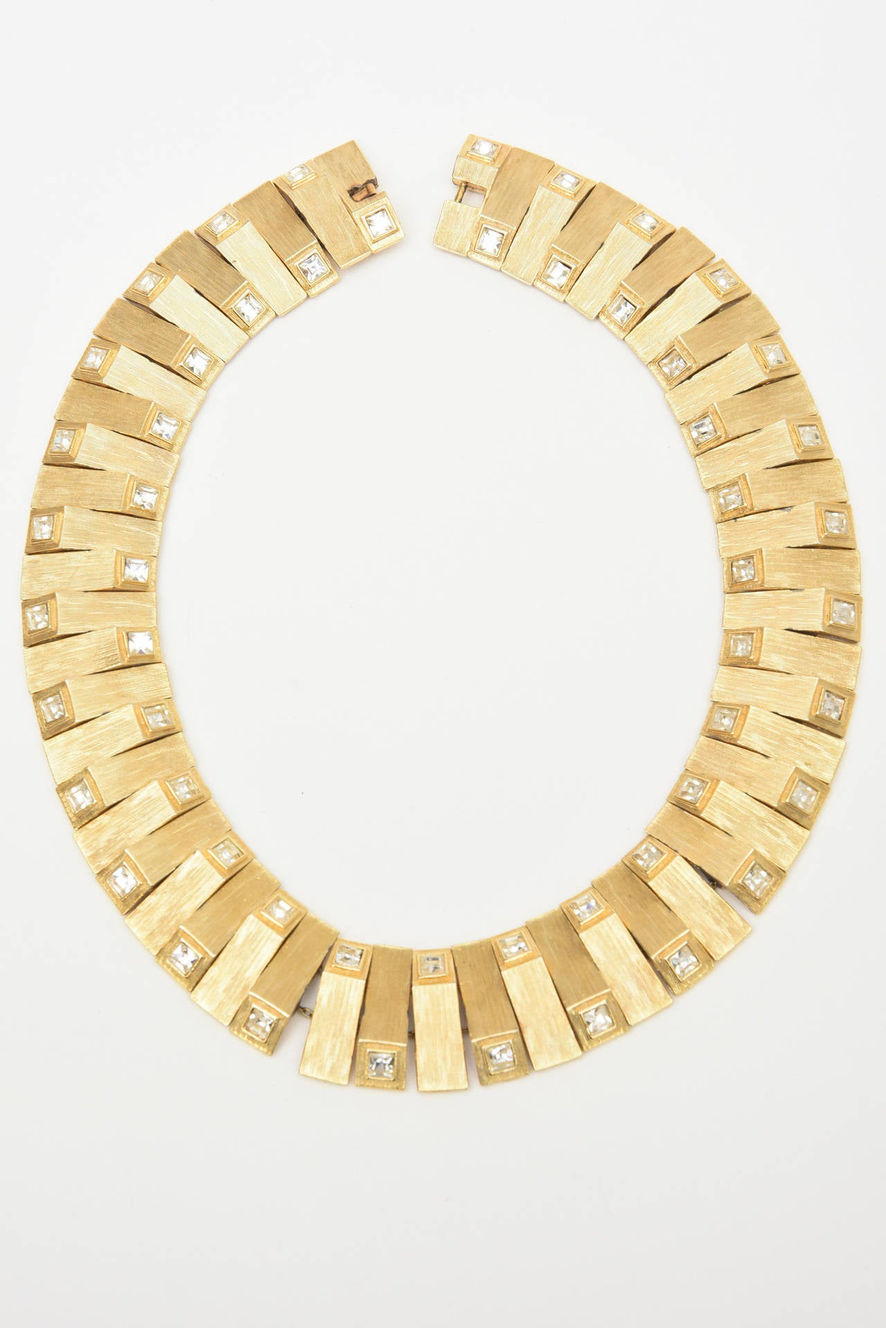 Satin Gold Plated Metal with Rhinstone Reticulated Collar Necklace Vintage at 1stDibs claude
