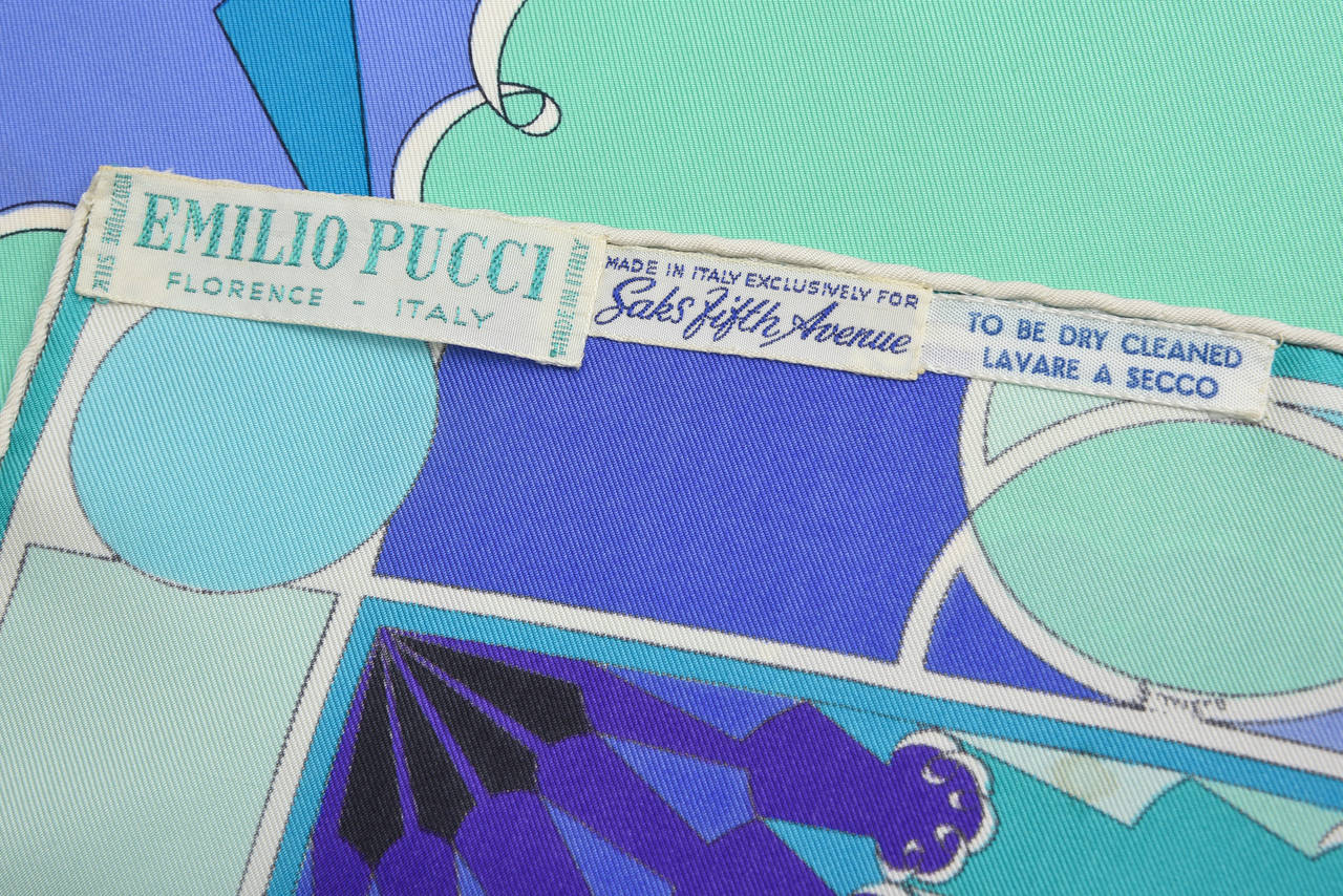 Blue Emilio Pucci Purple, Turquoise, Green, Black and White Silk Scarf Vintage For Sale