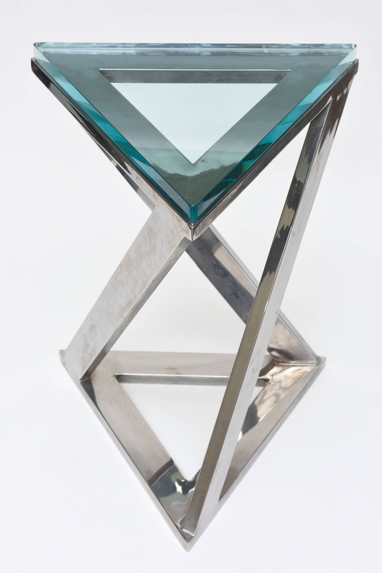 Late 19th Century Sculptural Triangle Pace Side or Drink Table with Triangle Green Glass