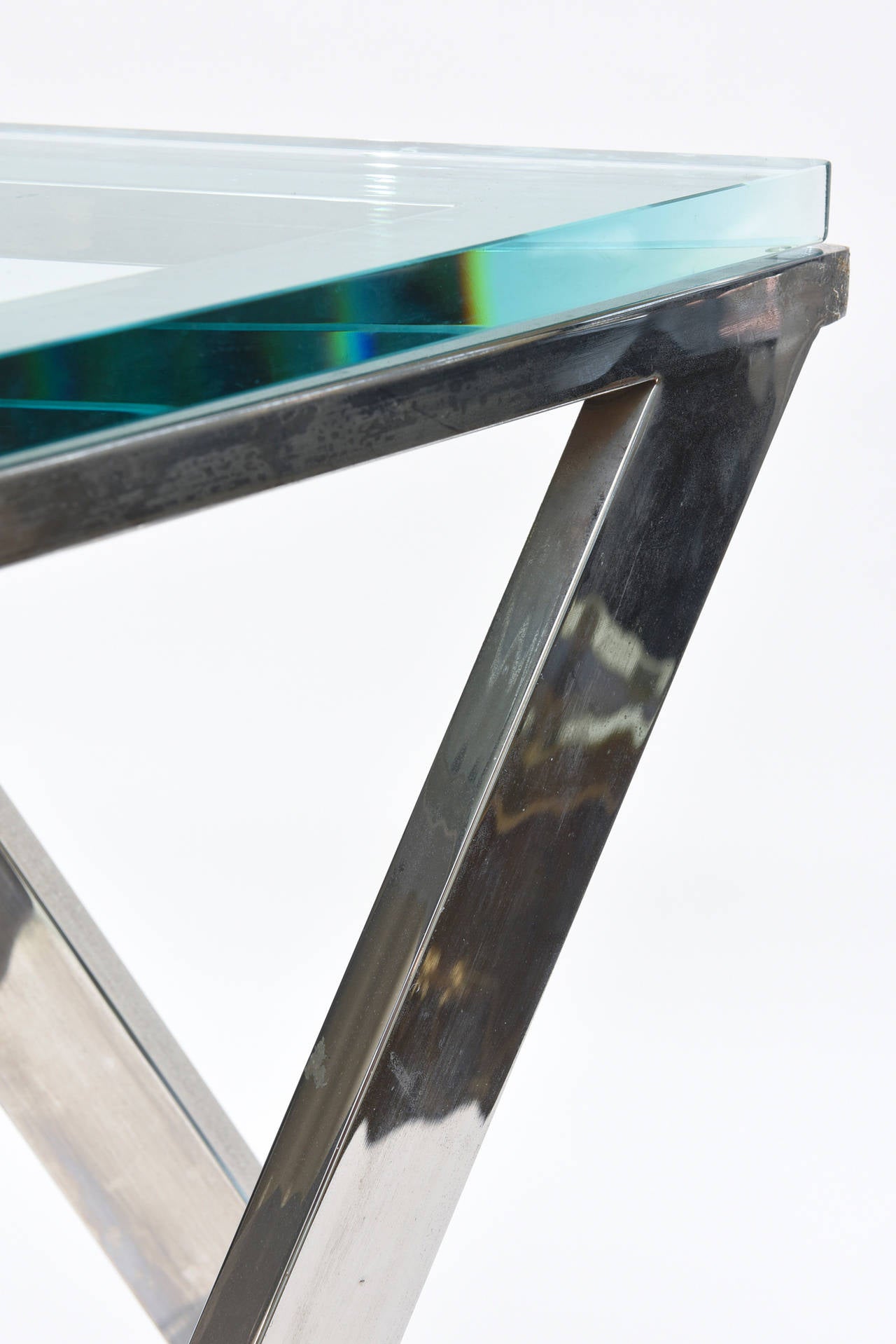 Chrome Sculptural Triangle Pace Side or Drink Table with Triangle Green Glass