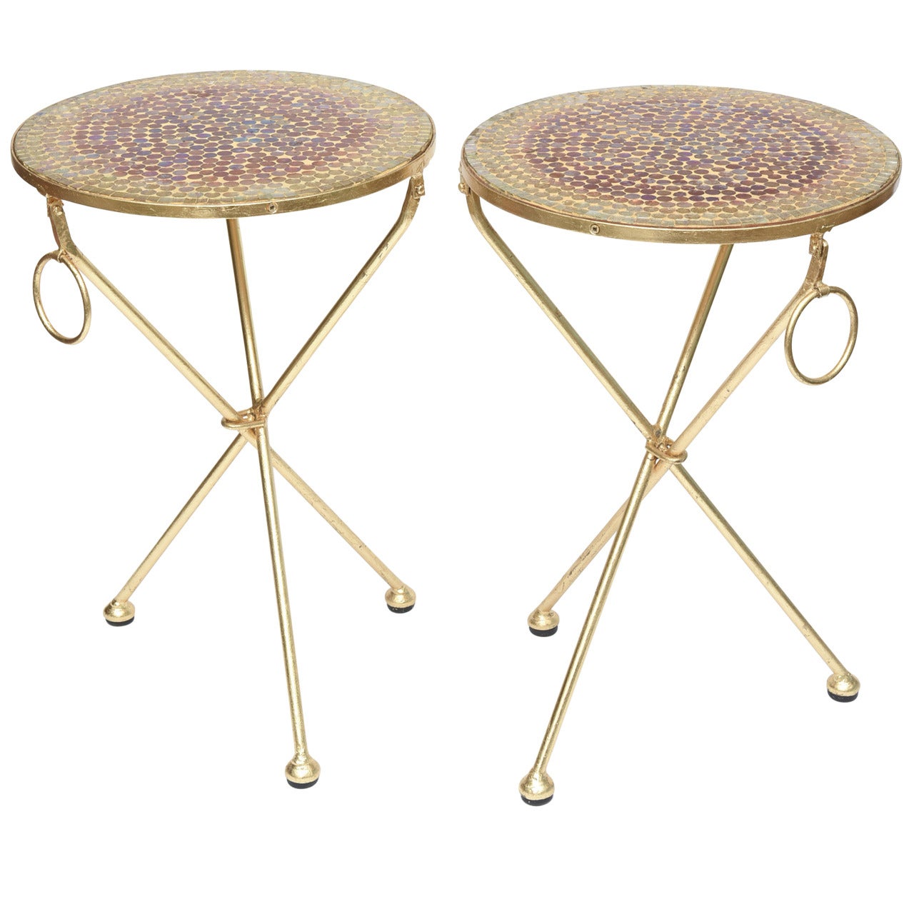 Pair of Italian Vintage Gold Leaf and Mosaic Glass Tripod Side Tables