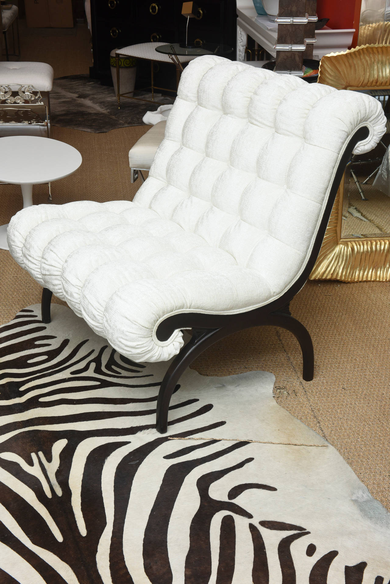 American Vintage Grosfeld House Rare Wood Upholstered Lounge Chairs or Mini Settees Pair For Sale