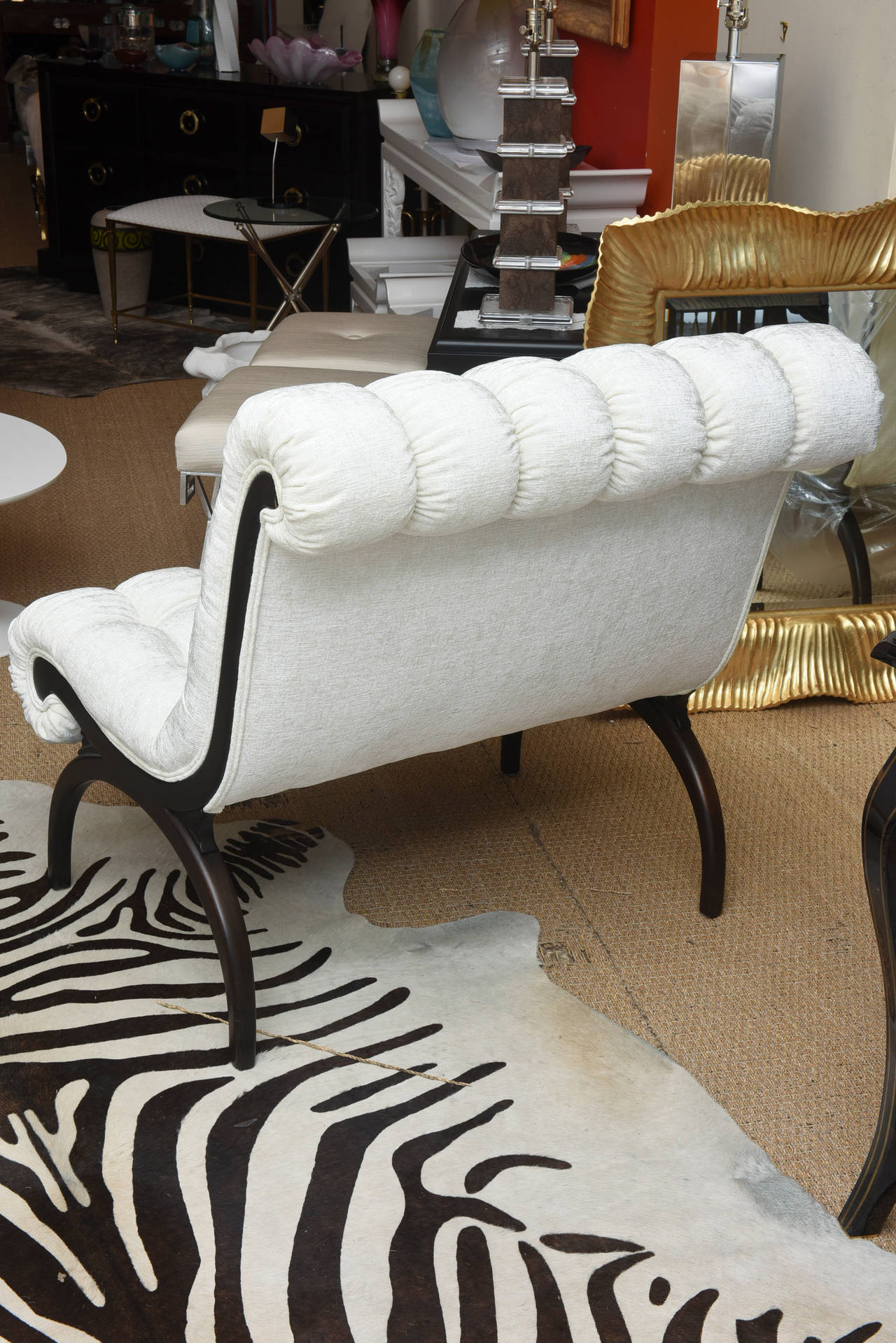 Upholstery Vintage Grosfeld House Rare Wood Upholstered Lounge Chairs or Mini Settees Pair For Sale