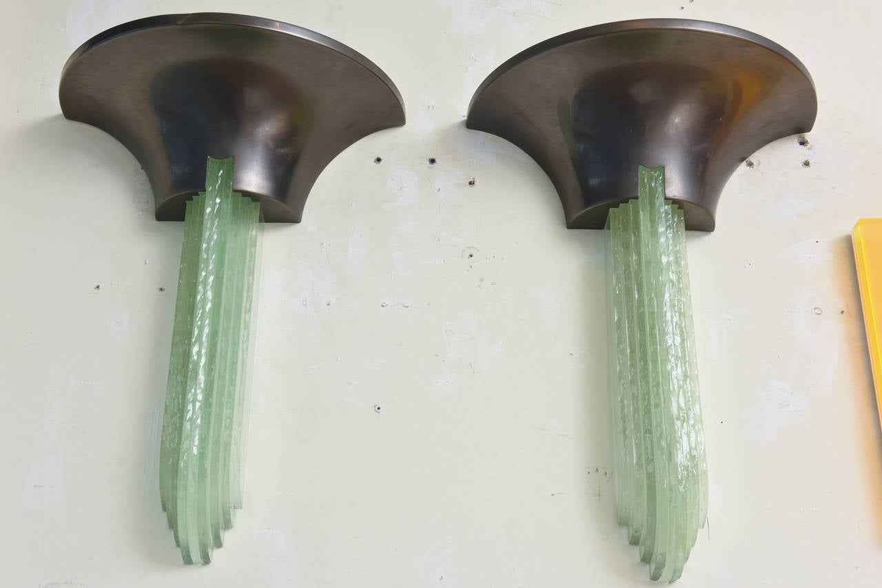 Pair of Karl Springer Purcell Glass and Gun Metal Bronze Sconces In Good Condition In North Miami, FL