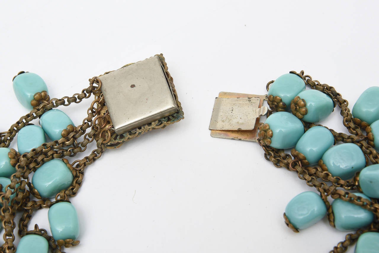 Egyptian Revival Miriam Haskell Turquoise Glass Bead and Metal Four Strand Necklace Vintage