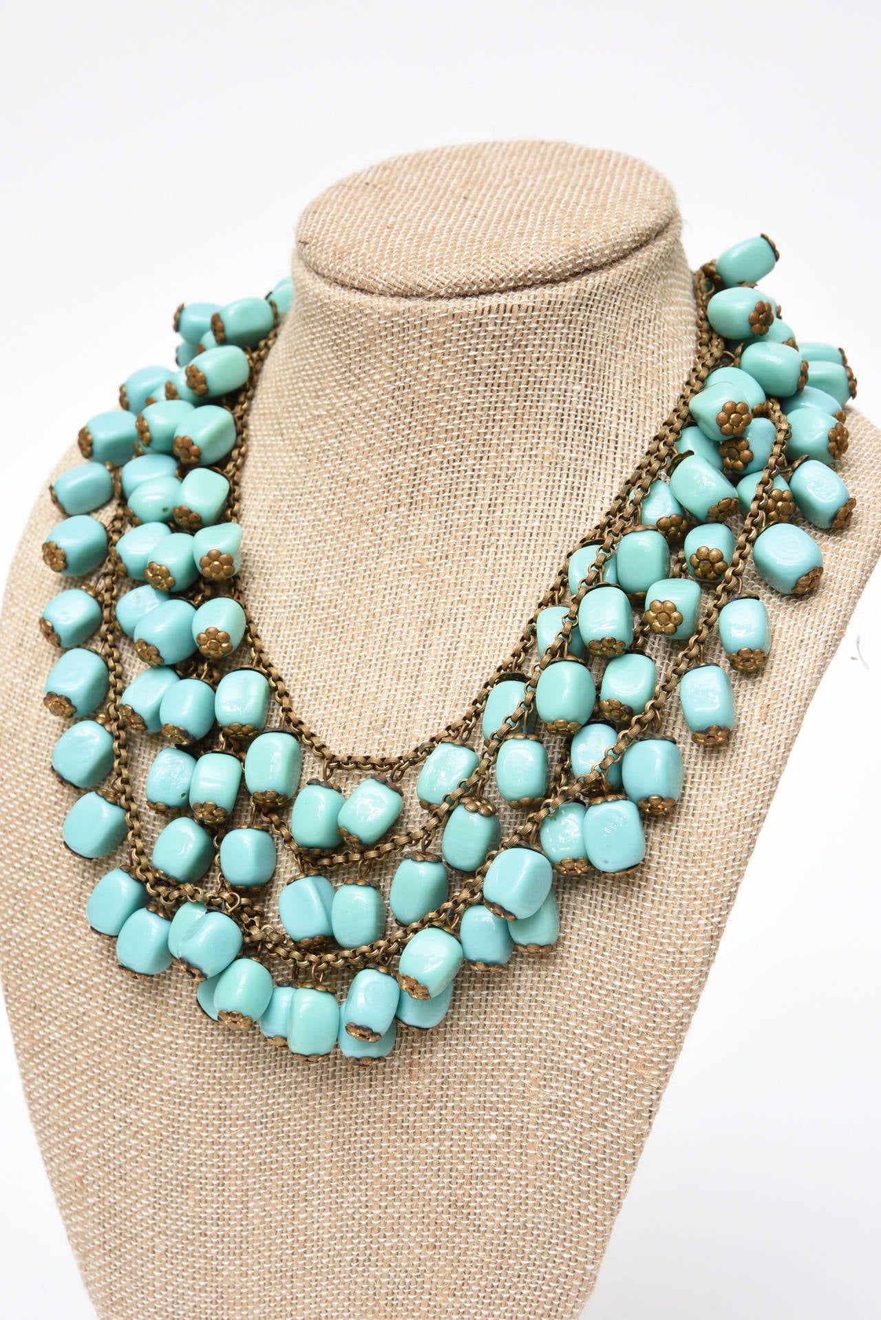 Miriam Haskell Turquoise Glass Bead and Metal Four Strand Necklace Vintage In Good Condition In North Miami, FL