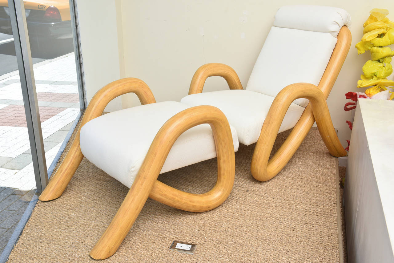 Vintage Bamboo and Upholstered Sculptural Lounge Chair and Ottoman In Excellent Condition In North Miami, FL