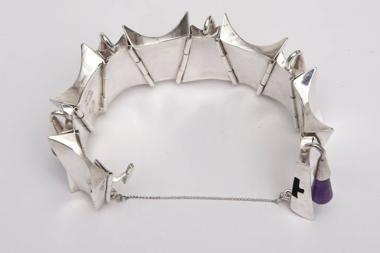 Women's Signed Sculptural Sterling Silver and Amethyst Modernist Cuff Bracelet