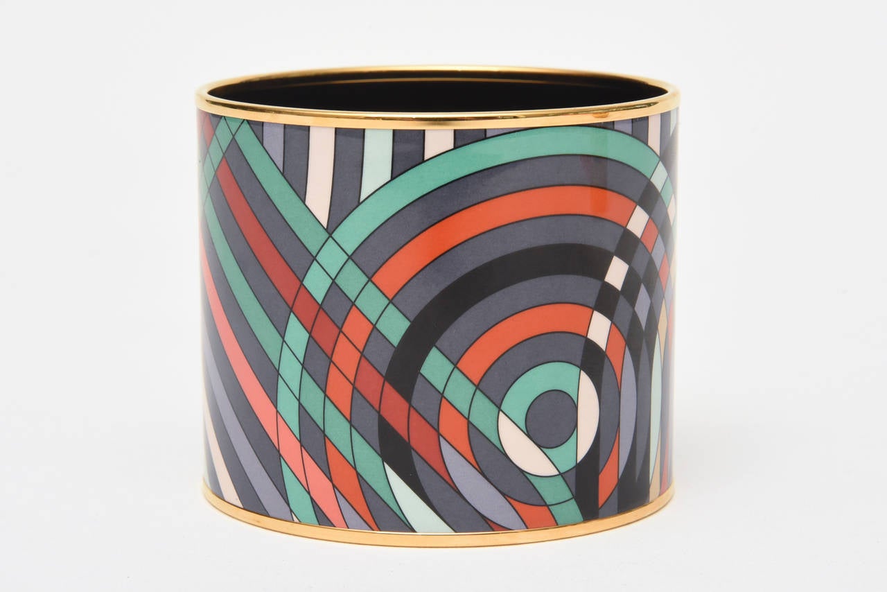 Signed Hermes Wide Enameled Geometric Cuff Bracelet In Excellent Condition In North Miami, FL