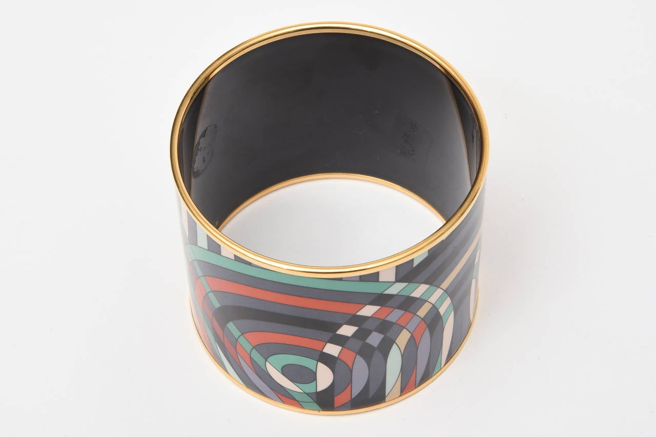 Signed Hermes Wide Enameled Geometric Cuff Bracelet 2